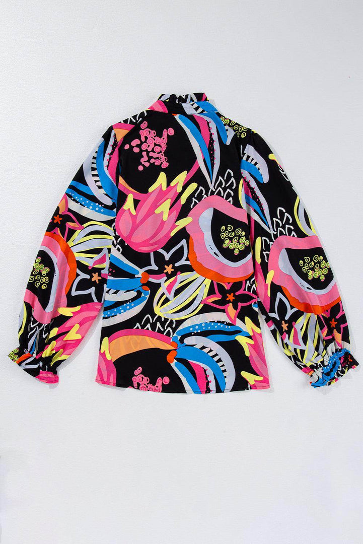Black Abstract Print Ruffled Sleeve Buttoned V Neck Blouse - Fashion Queen -  13