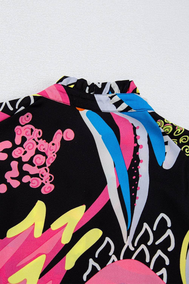 Black Abstract Print Ruffled Sleeve Buttoned V Neck Blouse - Fashion Queen -  14