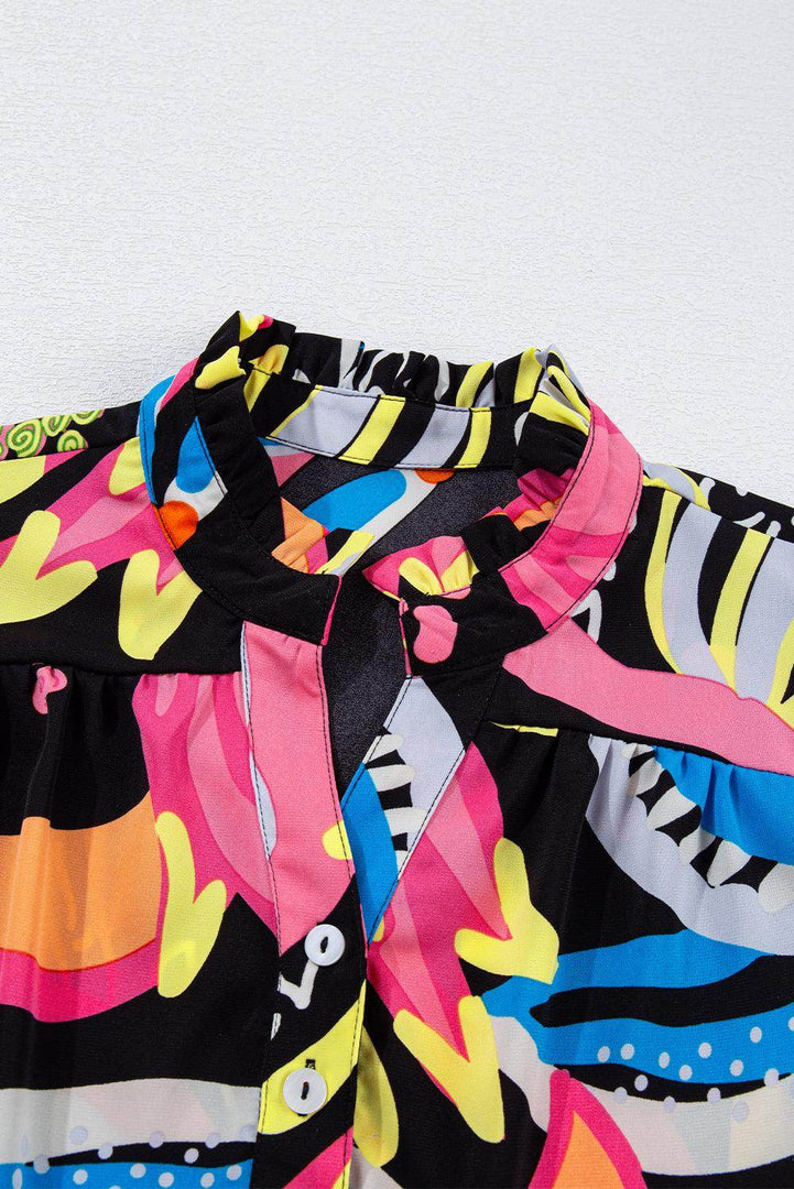 Black Abstract Print Ruffled Sleeve Buttoned V Neck Blouse - Fashion Queen -  15