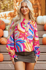 Load image into Gallery viewer, Black Abstract Print Ruffled Sleeve Buttoned V Neck Blouse - Fashion Queen -  20
