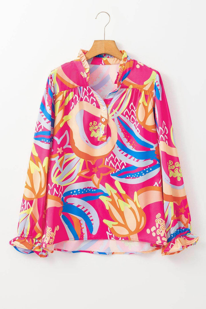 Black Abstract Print Ruffled Sleeve Buttoned V Neck Blouse - Fashion Queen -  22