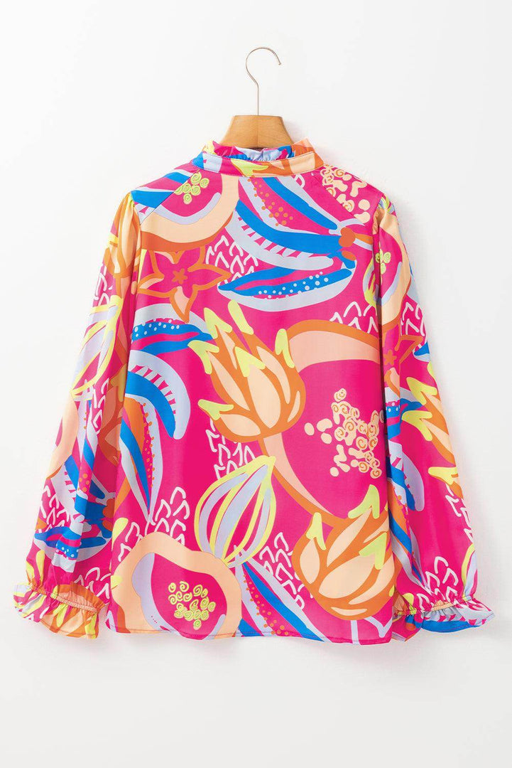Black Abstract Print Ruffled Sleeve Buttoned V Neck Blouse - Fashion Queen -  23