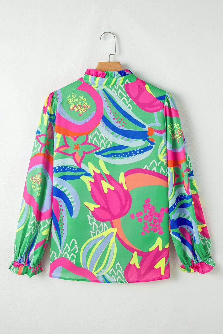 Black Abstract Print Ruffled Sleeve Buttoned V Neck Blouse - Fashion Queen -  29
