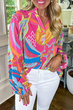Load image into Gallery viewer, Black Abstract Print Ruffled Sleeve Buttoned V Neck Blouse - Fashion Queen -  4
