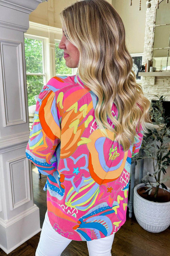 Black Abstract Print Ruffled Sleeve Buttoned V Neck Blouse - Fashion Queen -  5