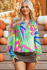 Load image into Gallery viewer, Black Abstract Print Ruffled Sleeve Buttoned V Neck Blouse - Fashion Queen -  7
