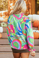Load image into Gallery viewer, Black Abstract Print Ruffled Sleeve Buttoned V Neck Blouse - Fashion Queen -  8
