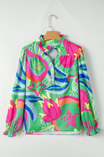 Load image into Gallery viewer, Black Abstract Print Ruffled Sleeve Buttoned V Neck Blouse - Fashion Queen -  9
