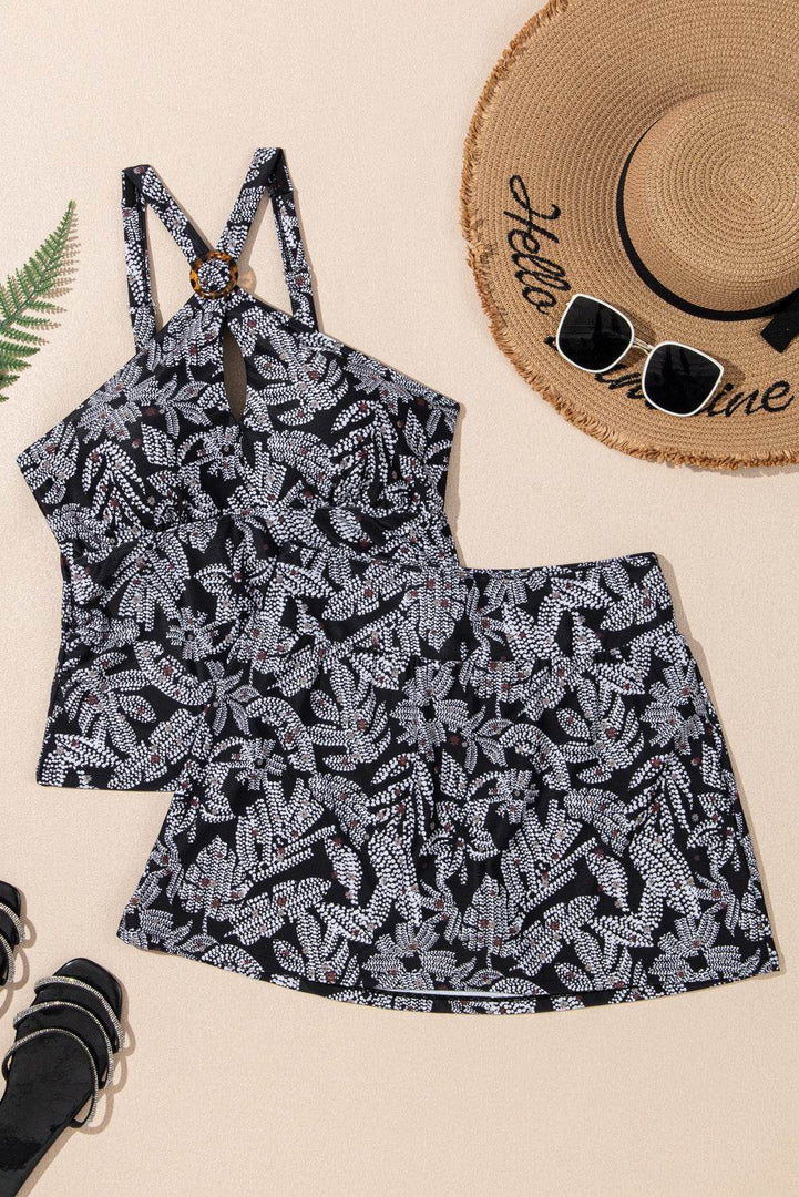 Black Abstract Printed Buckle Crossed Straps Skirted Tankini 2pcs Swimsuit - Fashion Queen -  12