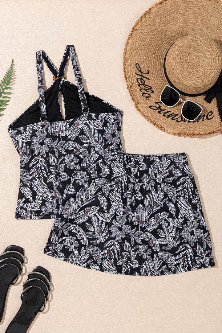 Black Abstract Printed Buckle Crossed Straps Skirted Tankini 2pcs Swimsuit - Fashion Queen -  13