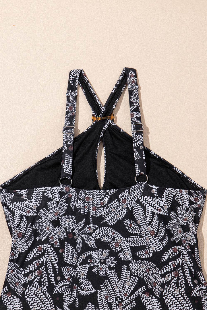 Black Abstract Printed Buckle Crossed Straps Skirted Tankini 2pcs Swimsuit - Fashion Queen -  14