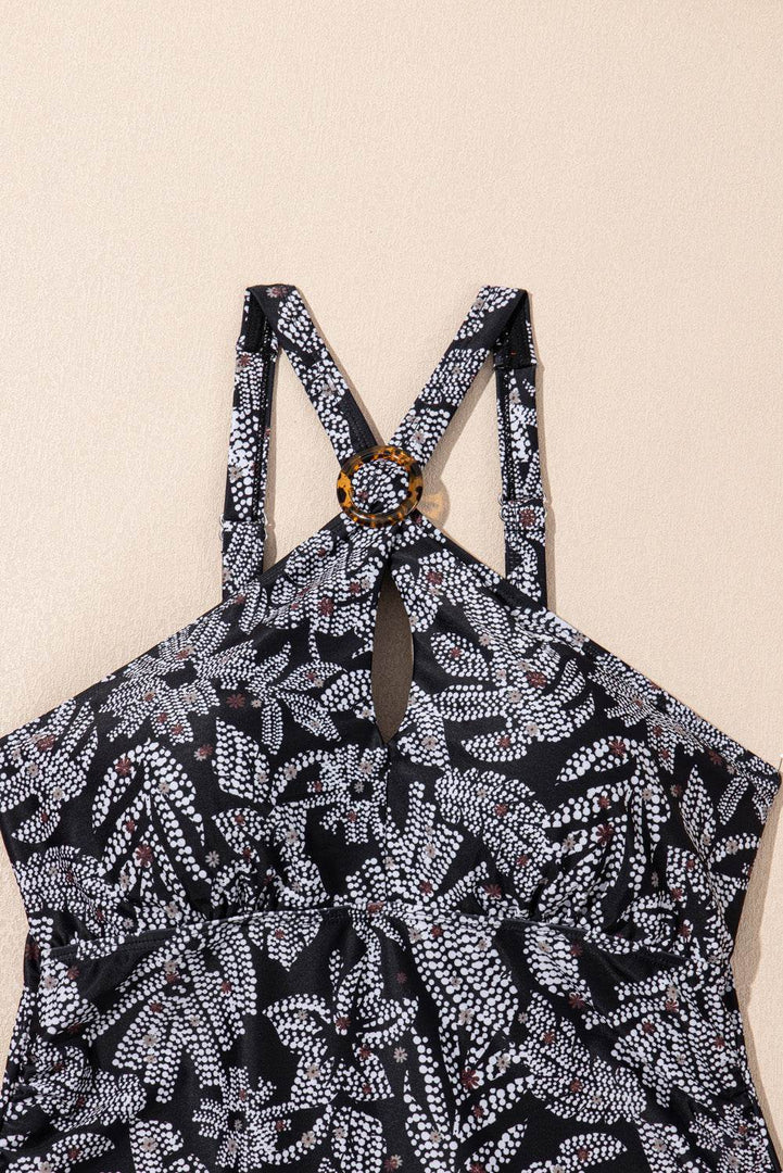 Black Abstract Printed Buckle Crossed Straps Skirted Tankini 2pcs Swimsuit - Fashion Queen -  16