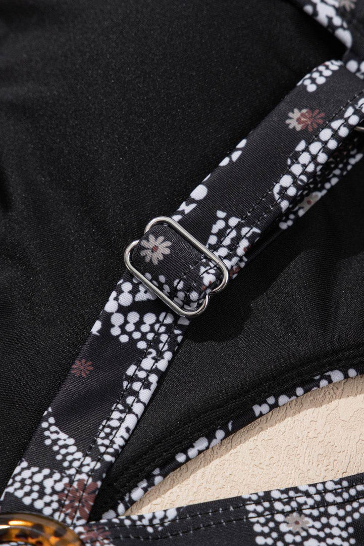 Black Abstract Printed Buckle Crossed Straps Skirted Tankini 2pcs Swimsuit - Fashion Queen -  18