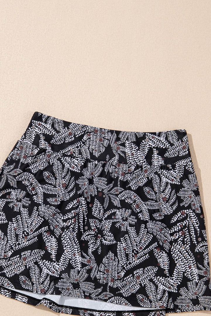 Black Abstract Printed Buckle Crossed Straps Skirted Tankini 2pcs Swimsuit - Fashion Queen -  26