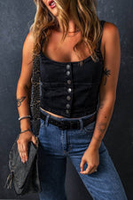 Load image into Gallery viewer, Black Acid Wash Buttoned Cropped Slim Denim Tank Top - Fashion Queen -  1
