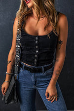 Load image into Gallery viewer, Black Acid Wash Buttoned Cropped Slim Denim Tank Top - Fashion Queen -  4
