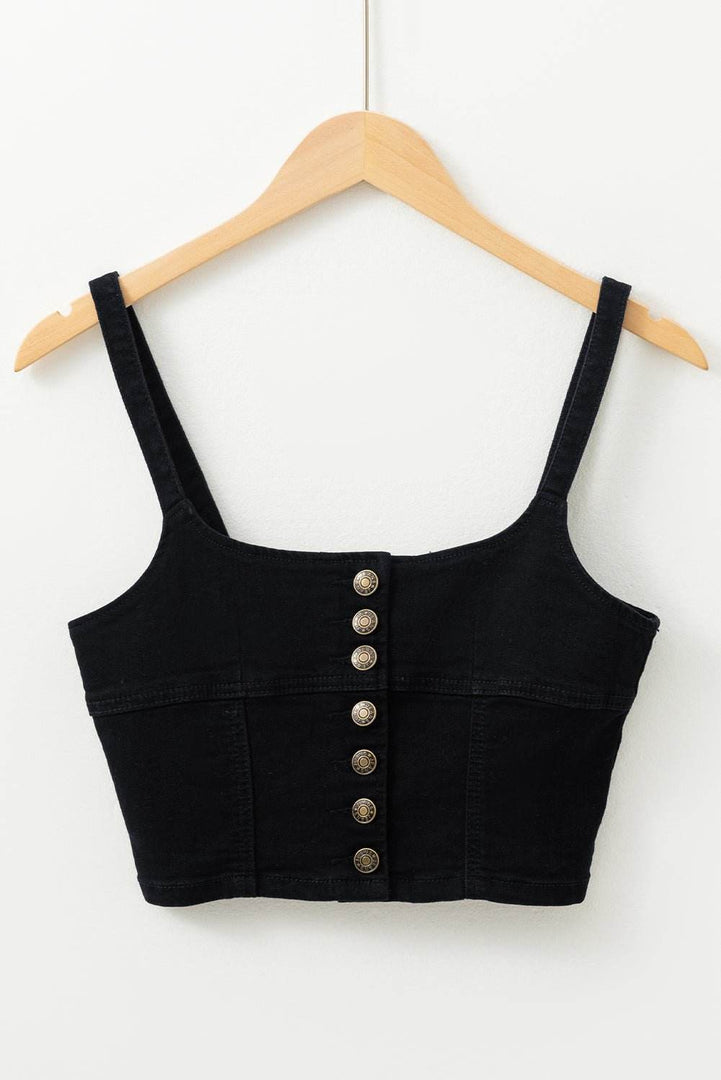 Black Acid Wash Buttoned Cropped Slim Denim Tank Top - Fashion Queen -  5