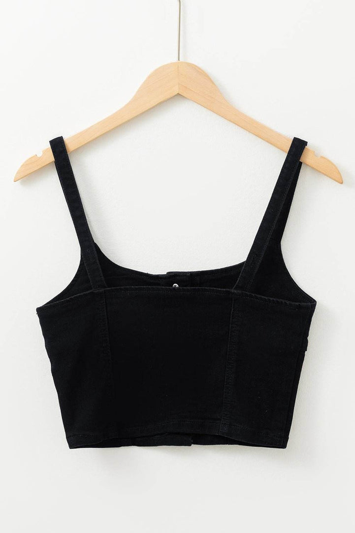 Black Acid Wash Buttoned Cropped Slim Denim Tank Top - Fashion Queen -  6