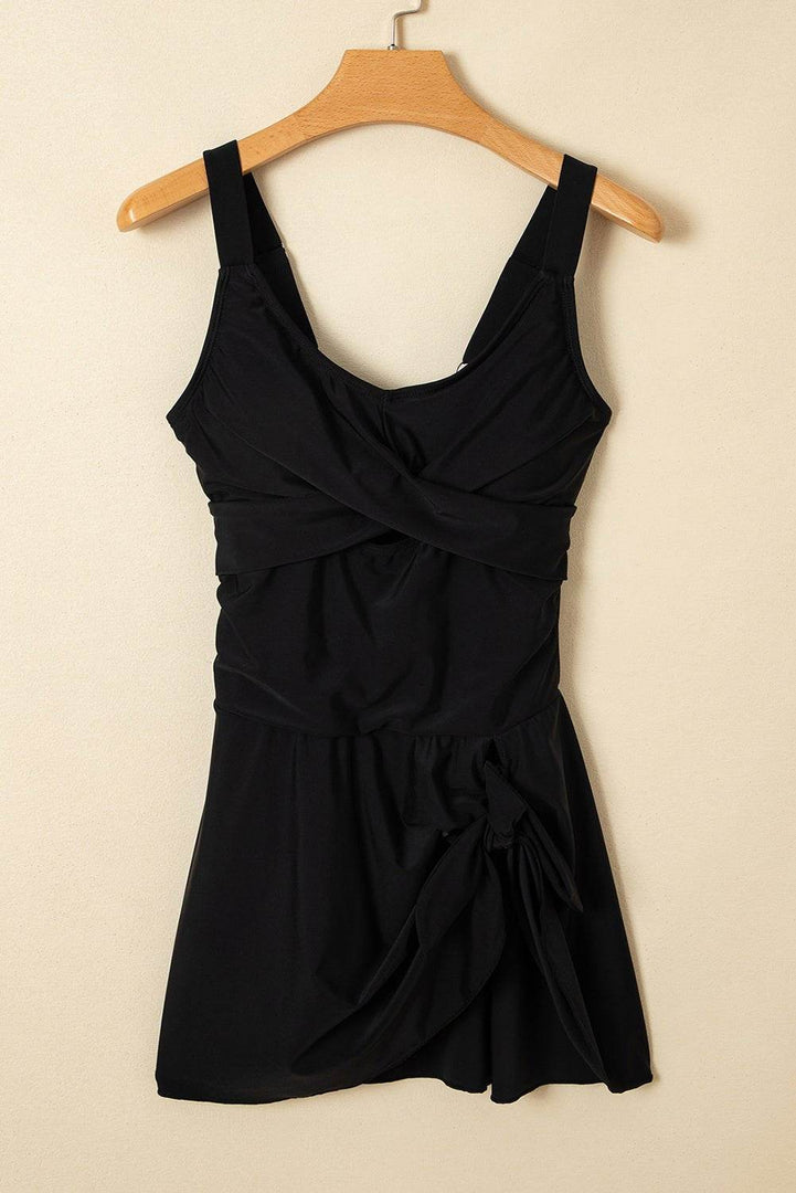 Black Adjustable Straps Cutout Ruched Knot Slit One Piece Swim Dress - Fashion Queen -  3