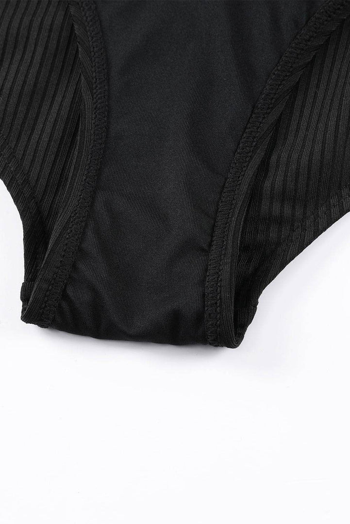 Black Adjustable Straps Ribbed Knit One Piece Swimsuit - Fashion Queen -  13