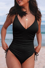 Load image into Gallery viewer, Black Adjustable Straps Ribbed Knit One Piece Swimsuit - Fashion Queen -  5
