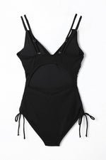 Load image into Gallery viewer, Black Adjustable Straps Ribbed Knit One Piece Swimsuit - Fashion Queen -  6
