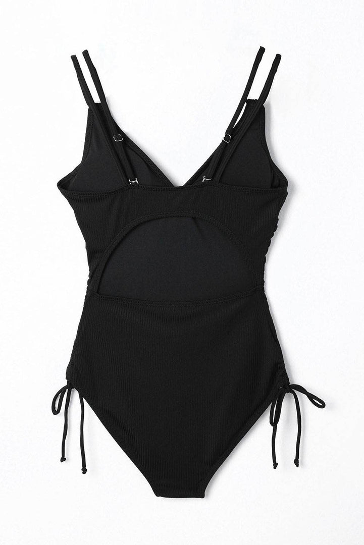 Black Adjustable Straps Ribbed Knit One Piece Swimsuit - Fashion Queen -  6