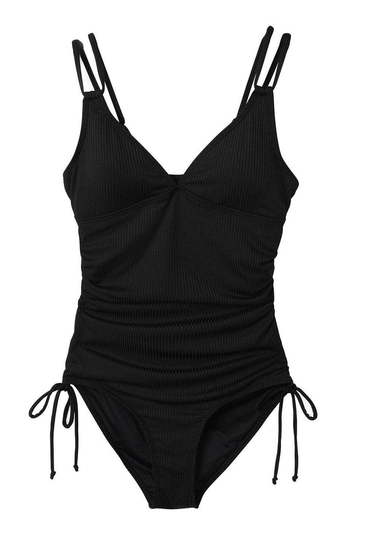 Black Adjustable Straps Ribbed Knit One Piece Swimsuit - Fashion Queen -  7