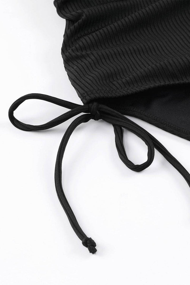 Black Adjustable Straps Ribbed Knit One Piece Swimsuit - Fashion Queen -  8