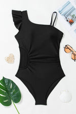Load image into Gallery viewer, Black Asymmetric Ruffle Shoulder Pleated One Piece Swimsuit - Fashion Queen -  10

