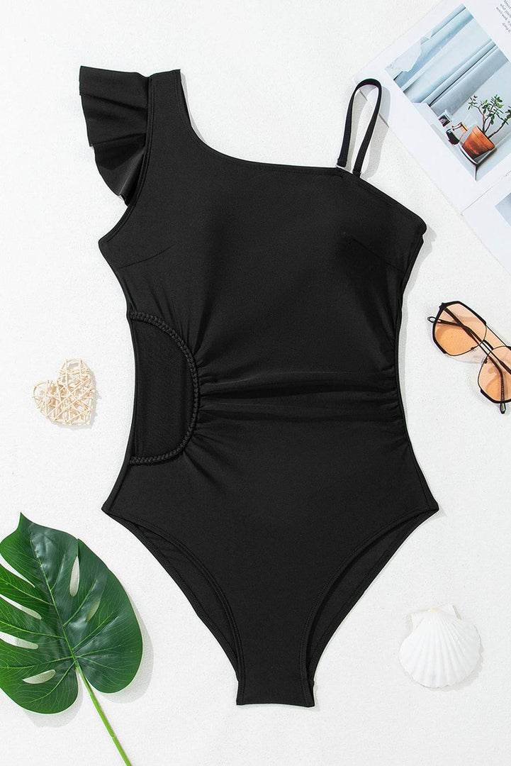 Black Asymmetric Ruffle Shoulder Pleated One Piece Swimsuit - Fashion Queen -  10