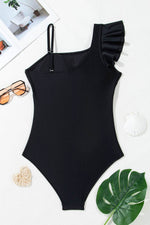 Load image into Gallery viewer, Black Asymmetric Ruffle Shoulder Pleated One Piece Swimsuit - Fashion Queen -  11
