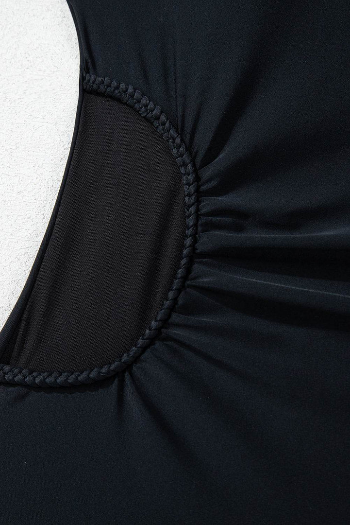 Black Asymmetric Ruffle Shoulder Pleated One Piece Swimsuit - Fashion Queen -  14