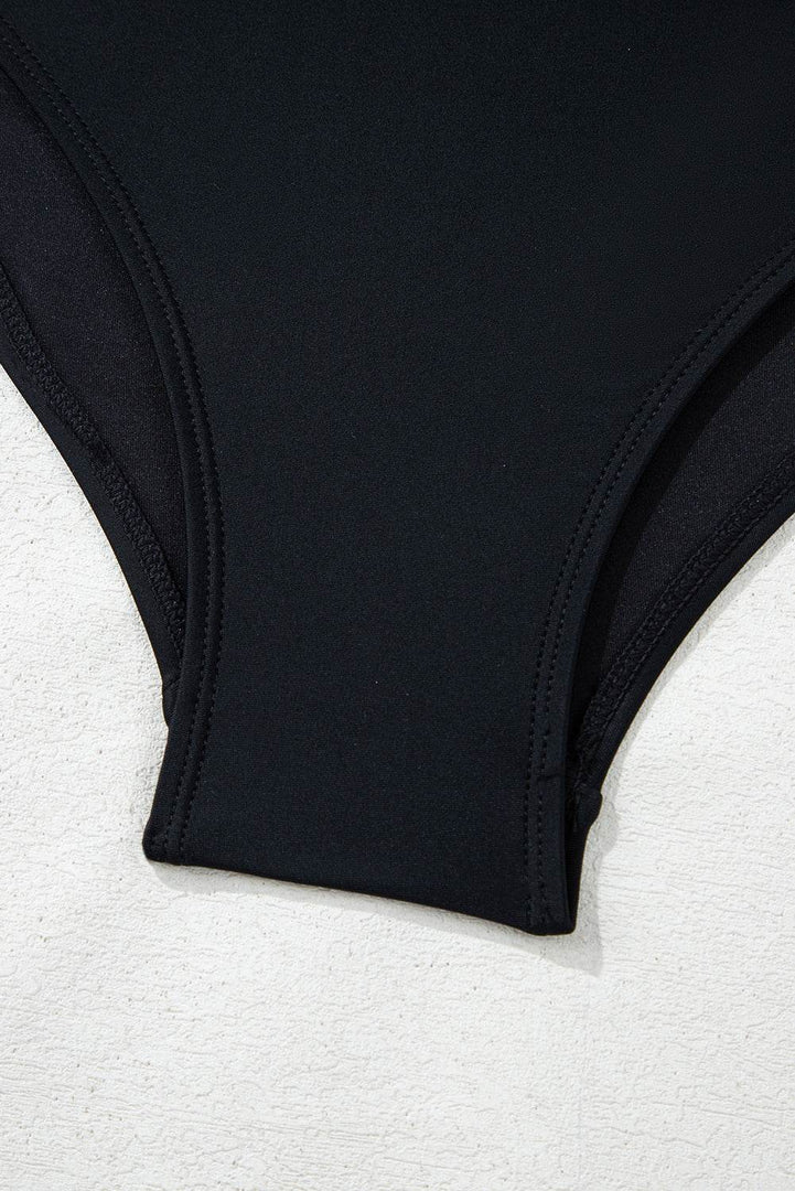 Black Asymmetric Ruffle Shoulder Pleated One Piece Swimsuit - Fashion Queen -  15