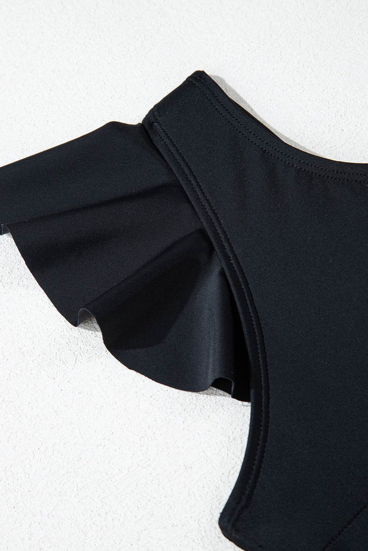Black Asymmetric Ruffle Shoulder Pleated One Piece Swimsuit - Fashion Queen -  16