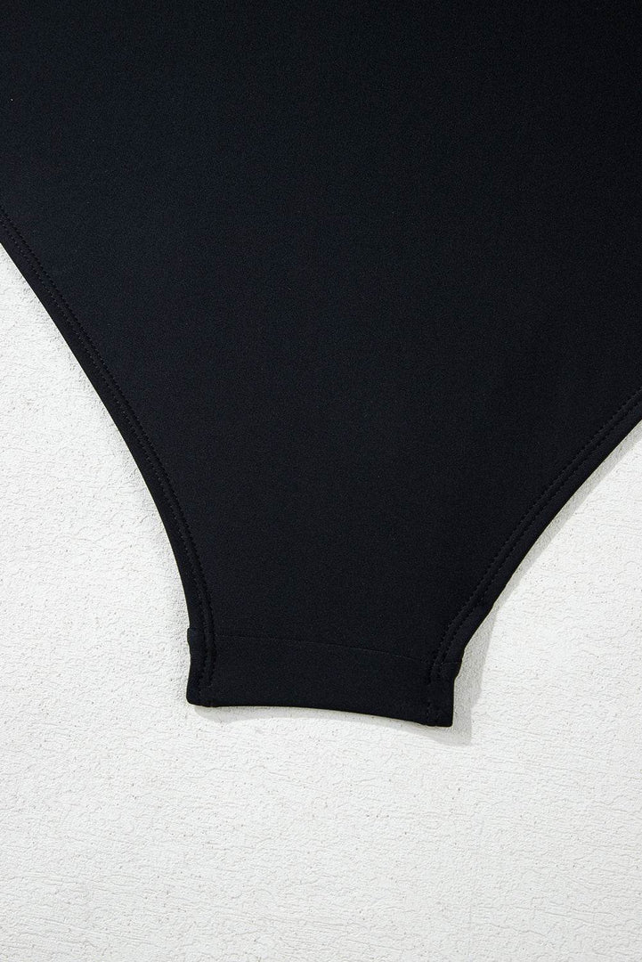 Black Asymmetric Ruffle Shoulder Pleated One Piece Swimsuit - Fashion Queen -  20