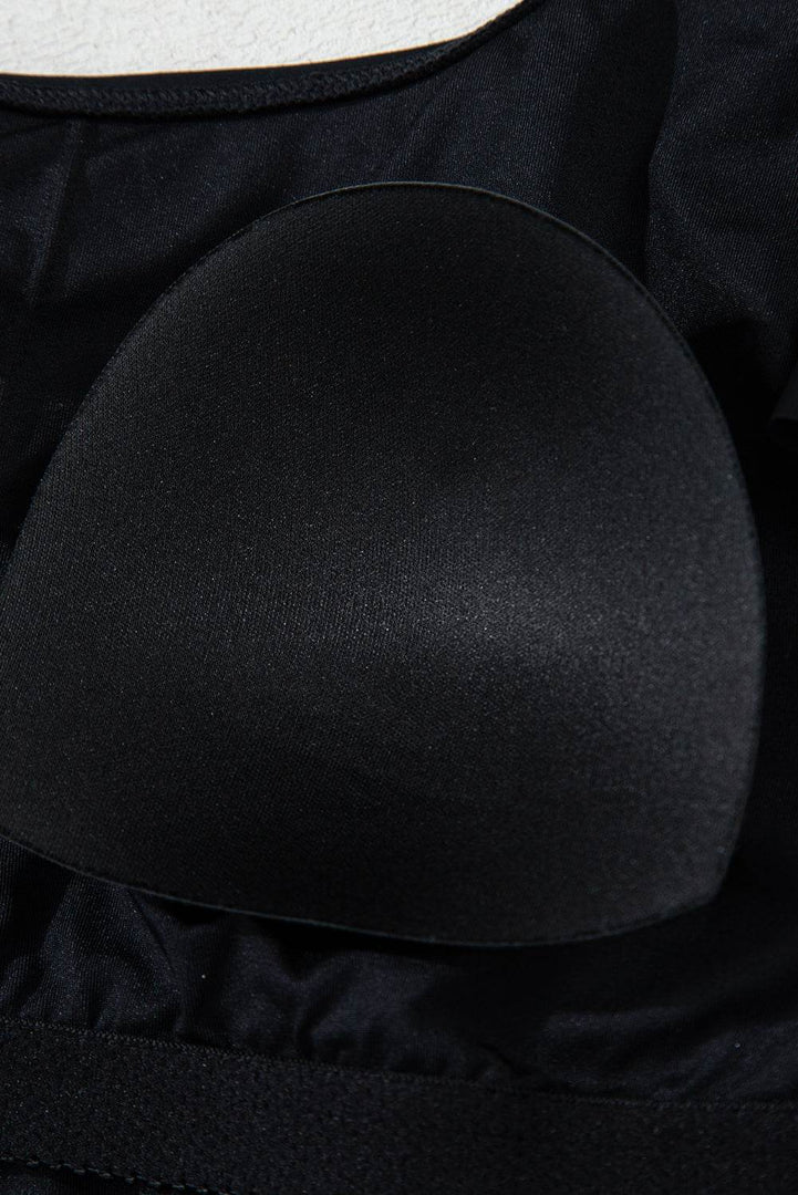 Black Asymmetric Ruffle Shoulder Pleated One Piece Swimsuit - Fashion Queen -  22