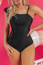 Load image into Gallery viewer, Black Asymmetric Ruffle Shoulder Pleated One Piece Swimsuit - Fashion Queen -  8
