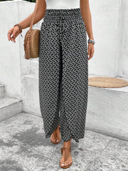 Black Bohemian Print Slit Wide Leg Smocked High Waist Pants - Fashion Queen -  1