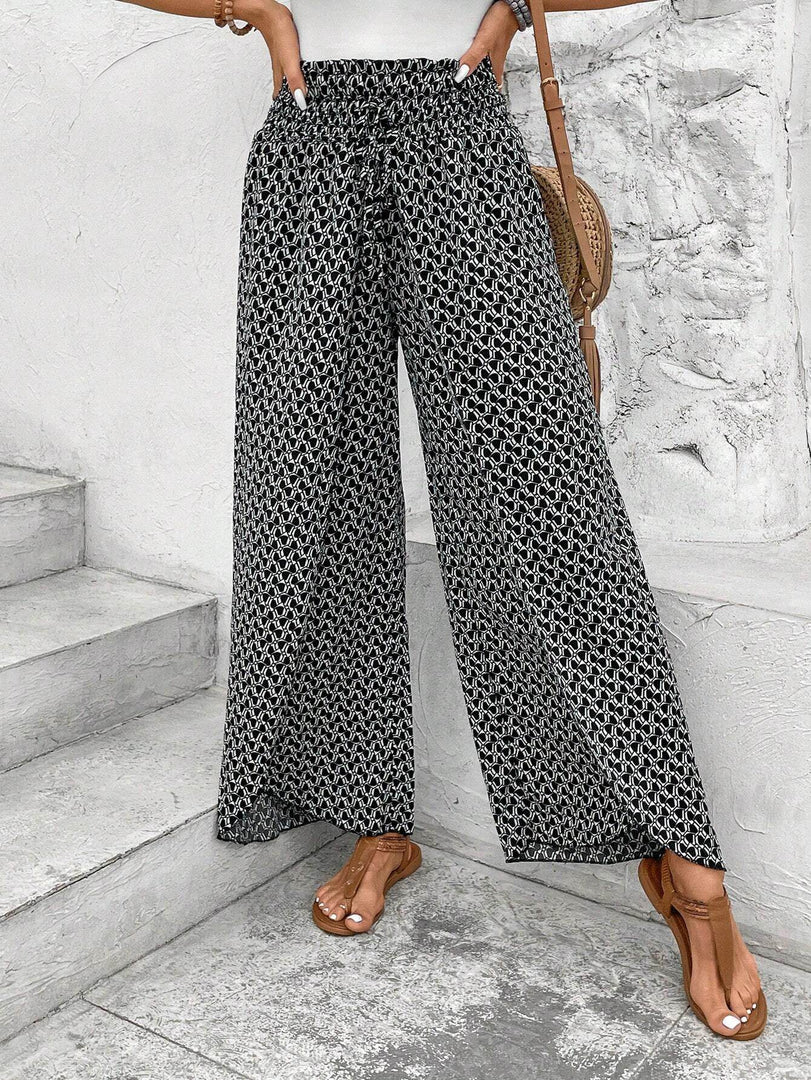 Black Bohemian Print Slit Wide Leg Smocked High Waist Pants - Fashion Queen -  10