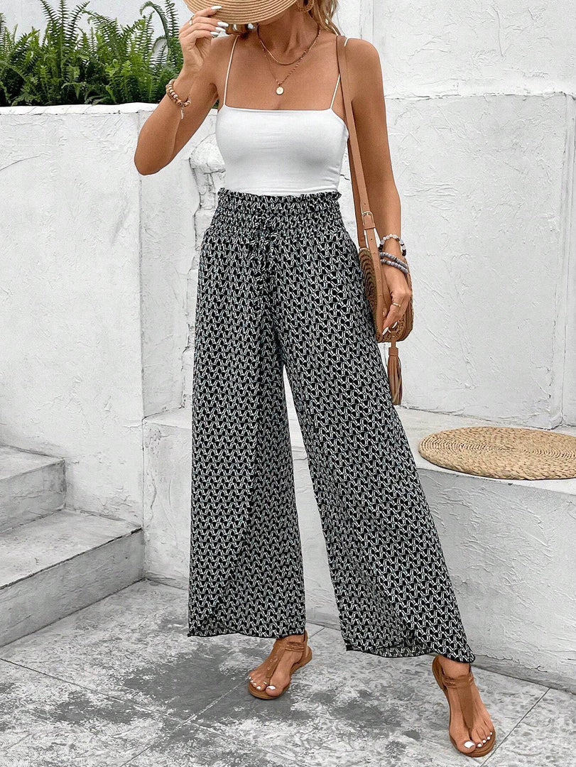 Black Bohemian Print Slit Wide Leg Smocked High Waist Pants - Fashion Queen -  11