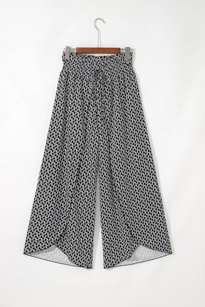 Black Bohemian Print Slit Wide Leg Smocked High Waist Pants - Fashion Queen -  14