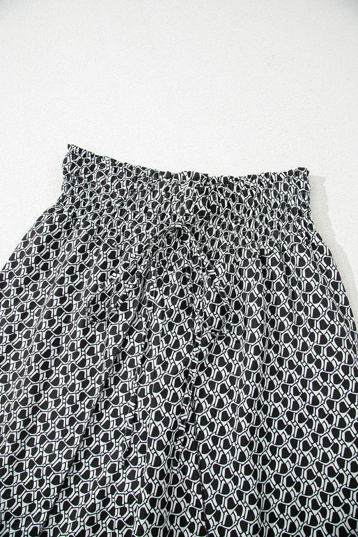Black Bohemian Print Slit Wide Leg Smocked High Waist Pants - Fashion Queen -  15