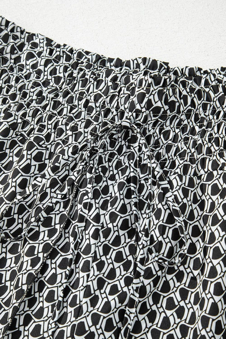 Black Bohemian Print Slit Wide Leg Smocked High Waist Pants - Fashion Queen -  16