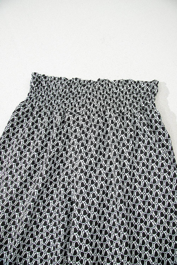 Black Bohemian Print Slit Wide Leg Smocked High Waist Pants - Fashion Queen -  18