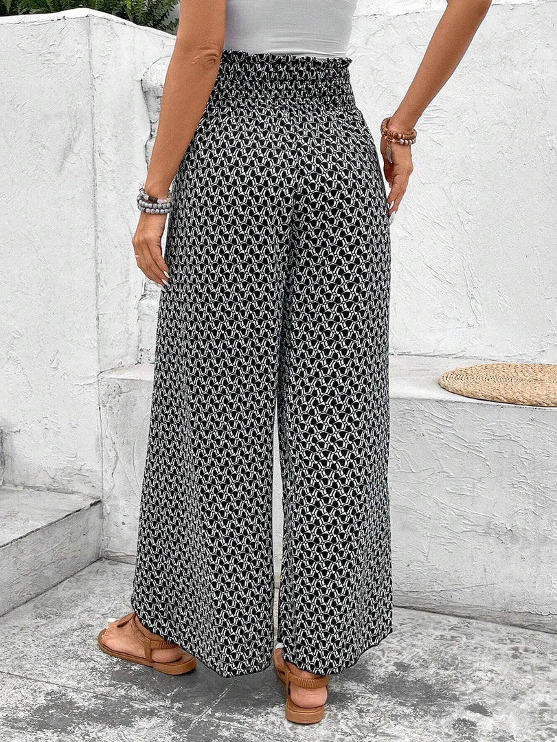 Black Bohemian Print Slit Wide Leg Smocked High Waist Pants - Fashion Queen -  2