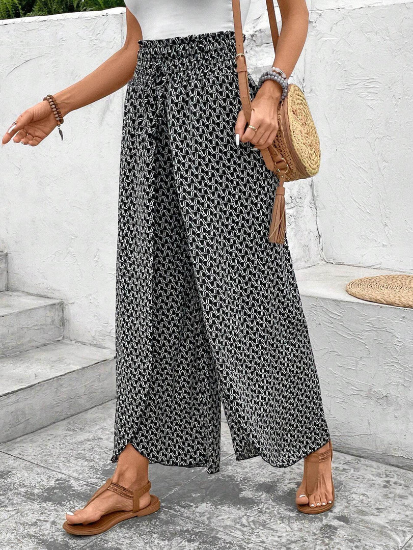 Black Bohemian Print Slit Wide Leg Smocked High Waist Pants - Fashion Queen -  3