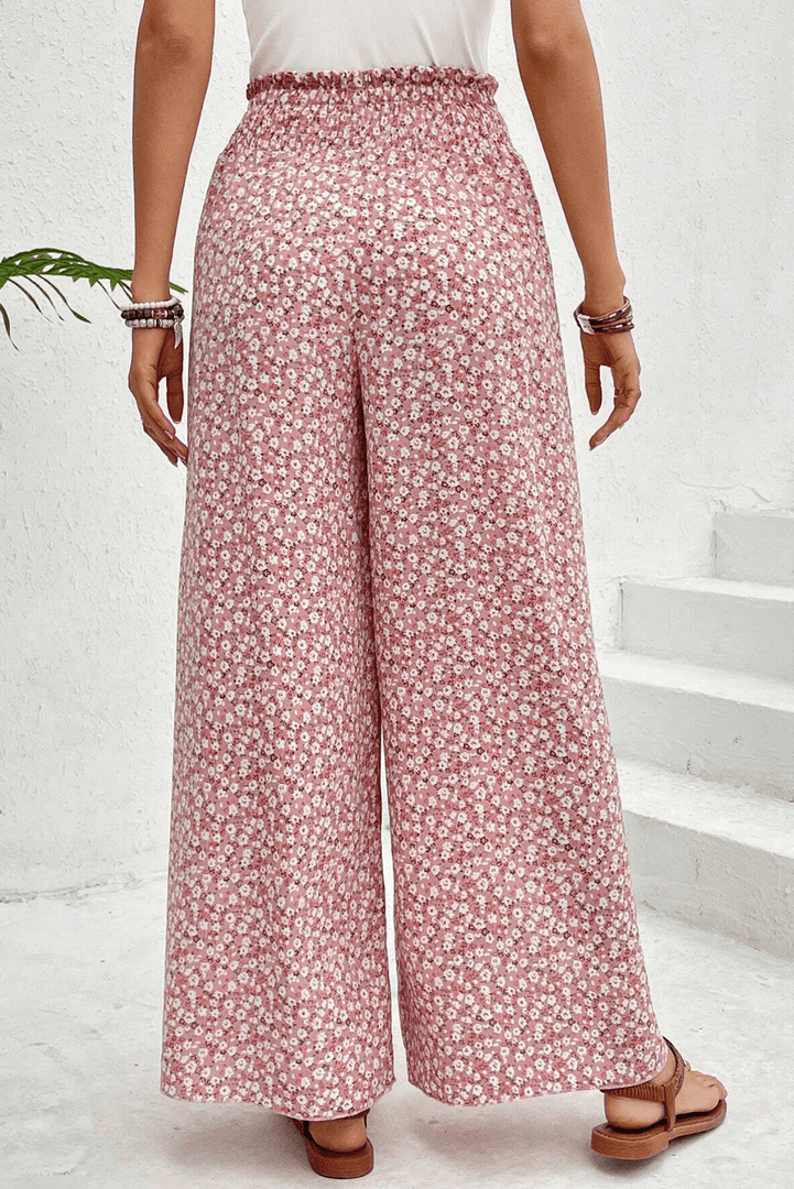 Black Bohemian Print Slit Wide Leg Smocked High Waist Pants - Fashion Queen -  5
