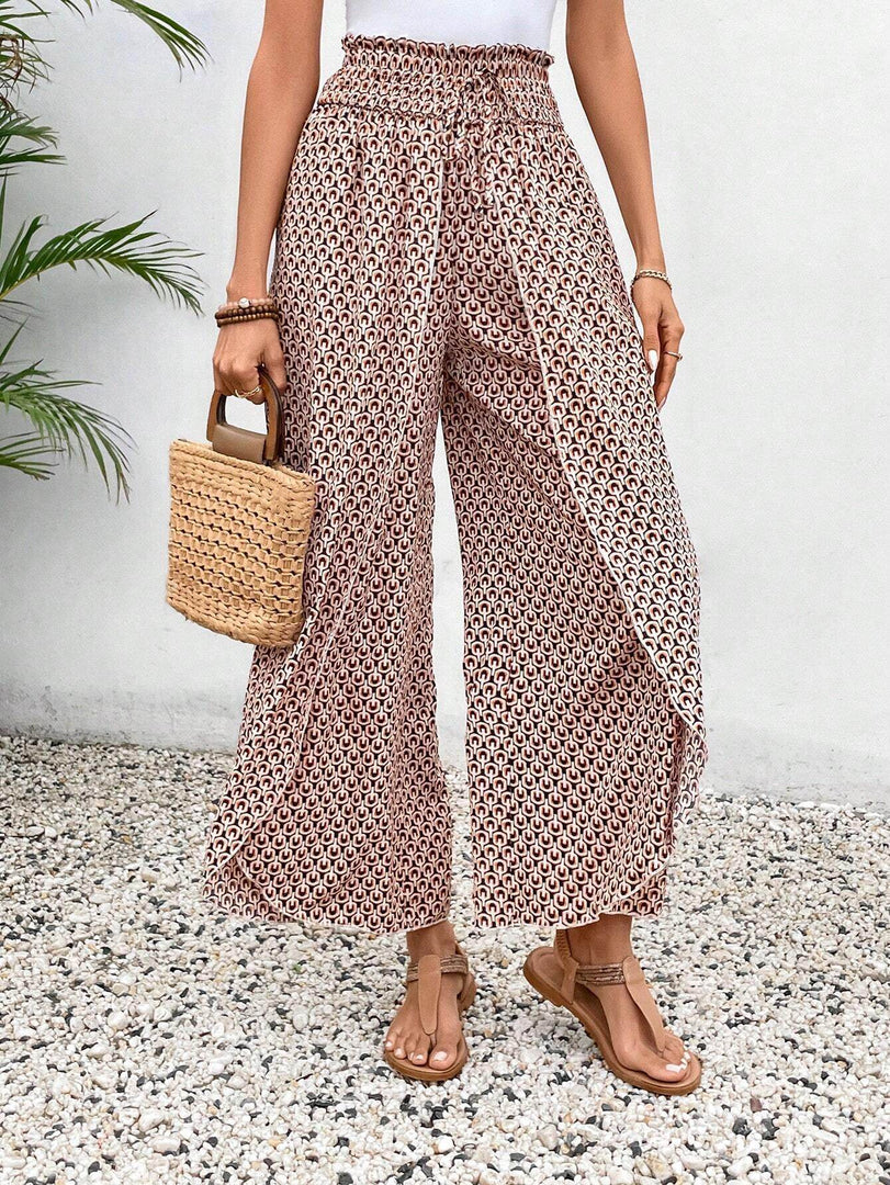 Black Bohemian Print Slit Wide Leg Smocked High Waist Pants - Fashion Queen -  7