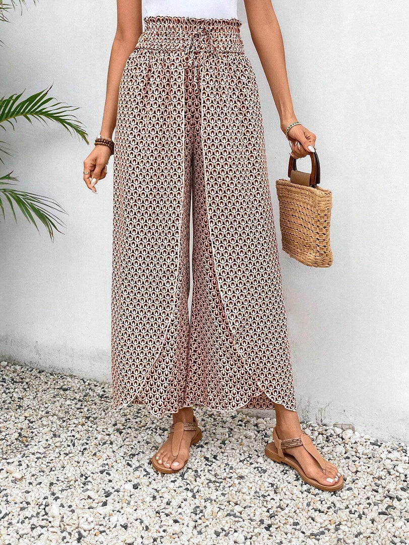 Black Bohemian Print Slit Wide Leg Smocked High Waist Pants - Fashion Queen -  9